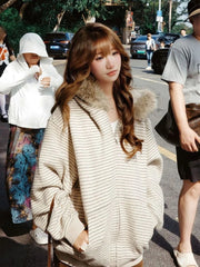 American Vintage Long Sleeve Hoodie Harajuku Casual Striped Sweatshirt Zipper Streetwear Faux Fur Sweet