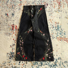 Y2K Baggy Jeans vintage splicing Floral Seams Embroidery Streamlined Jeans 2000s Harajuku goth Hip Hop wide leg jeans