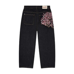 Y2K Harajuku jeans Goth vintage plum blossom embroidery pattern wide leg pants denim fabric American style street wear