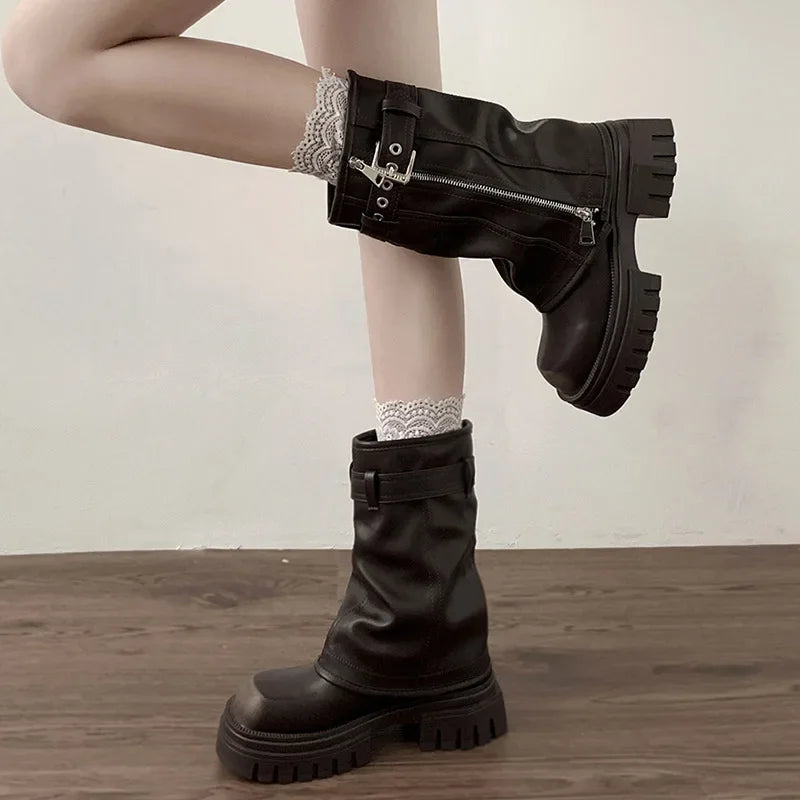 Biker Boots Belt Buckle Ladies Elegant Platform Flats Short Booties Casual Knight Booties