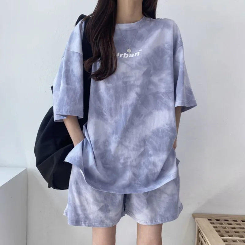 T-Shirt Shorts Suit Set Casual Tie Dye Loose tshirt