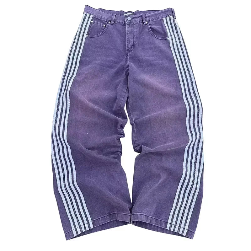 Y2K Baggy Jeans Embroidered Striped Harajuku Sweatpants Hip Hop streetwear Casual wide leg Denim Pants