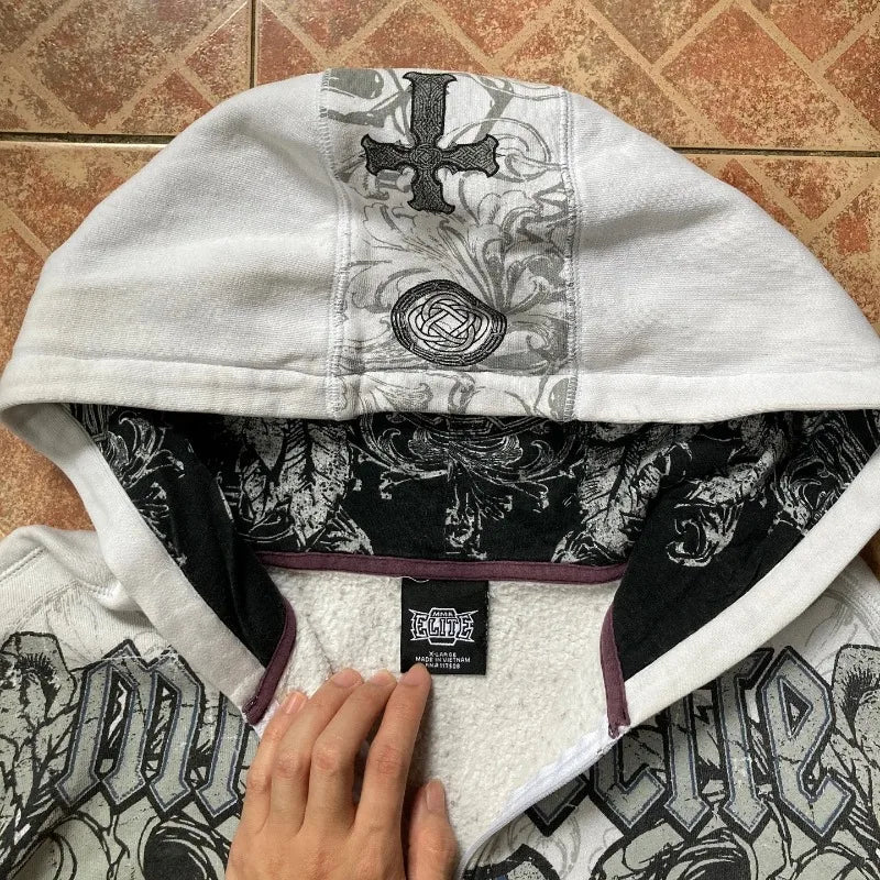 Vintage Oversized Skull Graphic Zipper Hoodie Y2K Harajuku Hip Hop Gothic Couple Casual Joker Sweatshirt Coats