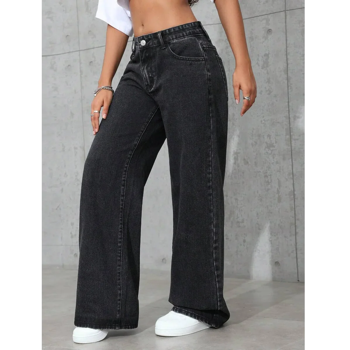 plus Size Wide Leg Jeans Washed Elastic Casual Loose Fit Ladies Denim Pants Comfortable Stretchy Trousers