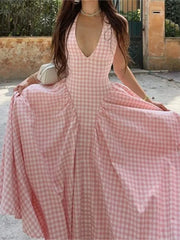 Elegant V-Neck Pleated Long Dresses High Waist French Style V-neck Backless Lace-up Vacation Vestidos