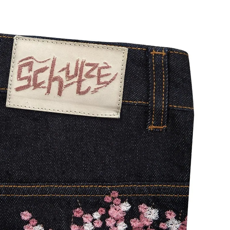Y2K Harajuku jeans Goth vintage plum blossom embroidery pattern wide leg pants denim fabric American style street wear
