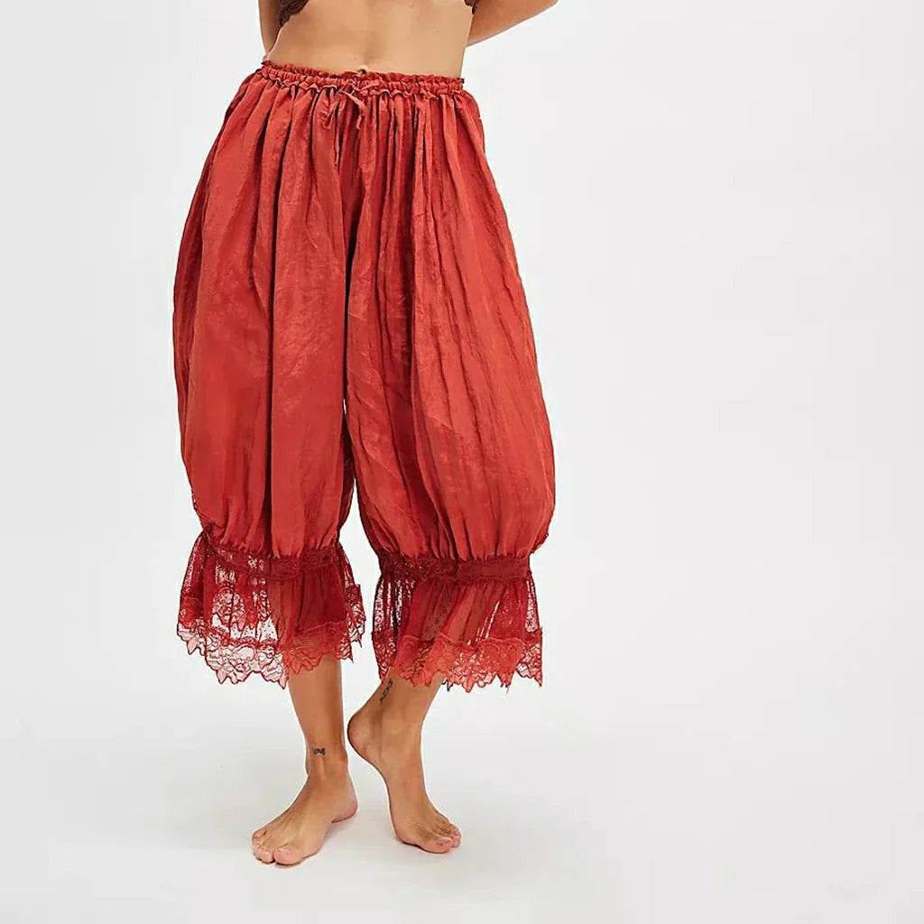 Combhasaki Y2K Loose Fit Bloomers Cropped Pants Drawstring High Waist Floral Lace Patchwork Calf-Length Lantern Trousers