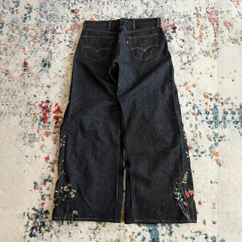 Y2K Floral Baggy Jeans Retro Blossom Embroidery Streamlined Unisex Streetwear Gothic High Street Oversized Wide Leg Pants