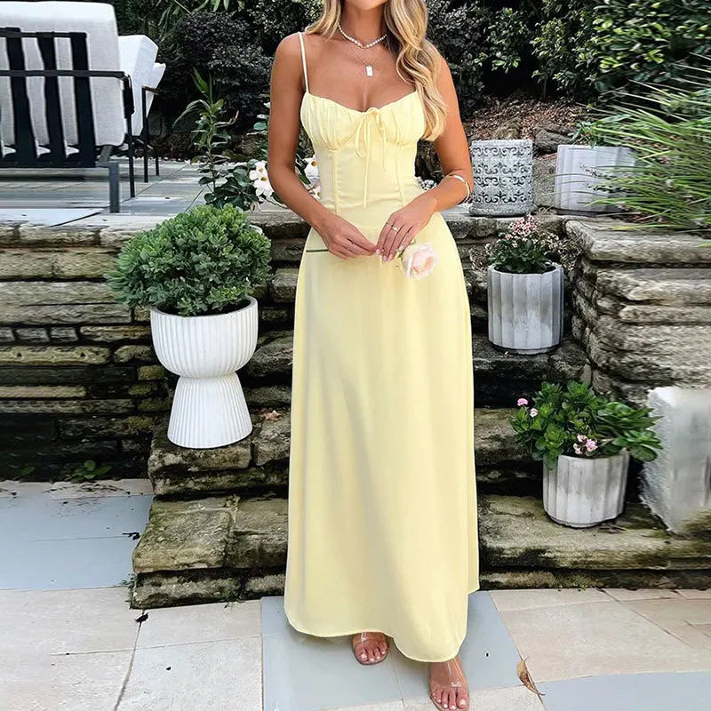 Solid Color Sleeveless Long Dress Casual Elegant A-Line Dresses Beach Vacation Spaghetti Strap