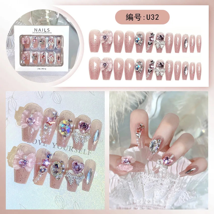 24PC Stereoscopic Vision False Nails Artificial Colors Fake Nails with Glue Full Cover Nail Tips Press on Nails Manicure Tools