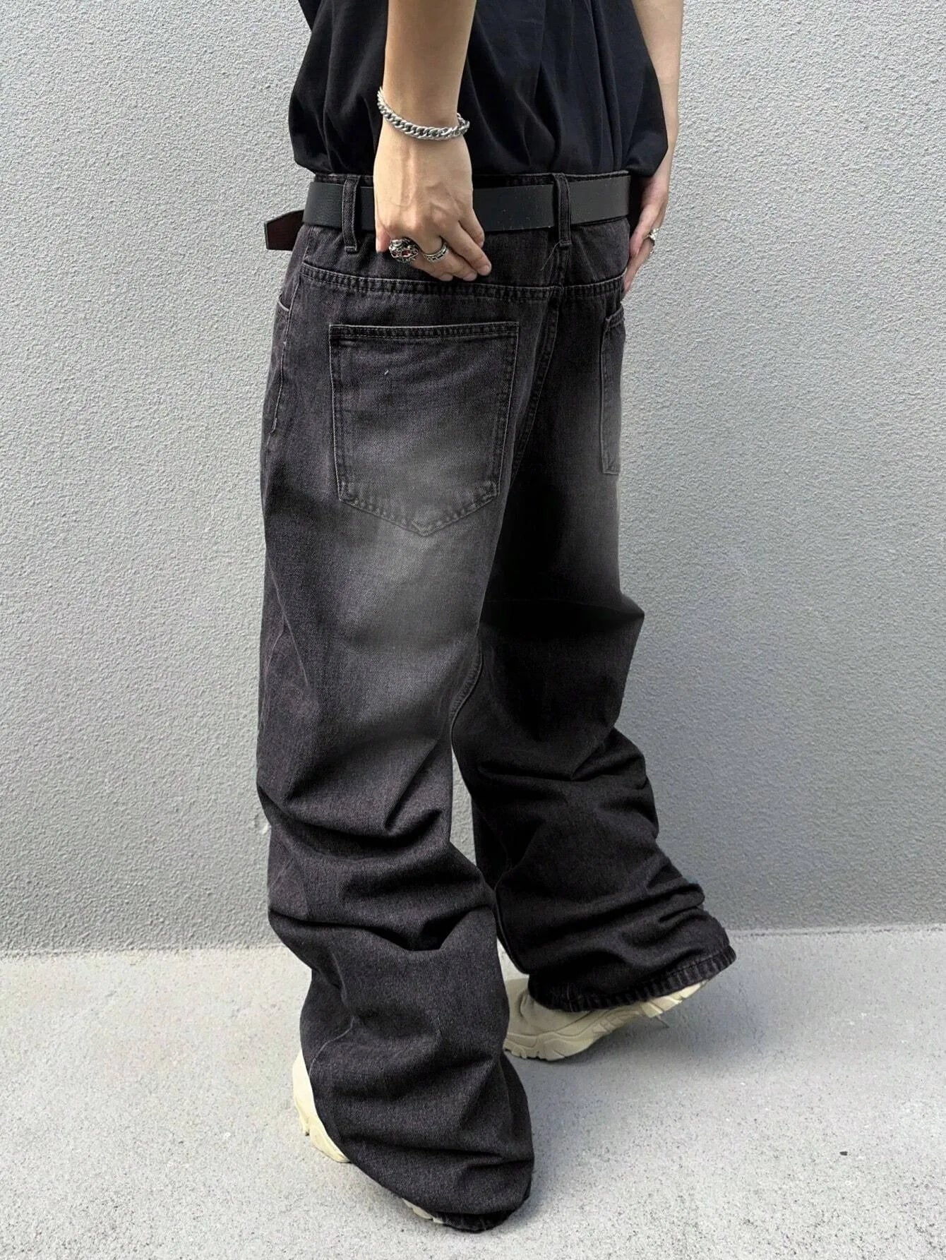 1Pc Daily Travel Casual American Street Loose Jeans, Black, Light Blue, Sea Blue Street Style Retro Lantern JeansJeans Pants