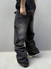 1Pc Daily Travel Casual American Street Loose Jeans, Black, Light Blue, Sea Blue Street Style Retro Lantern JeansJeans Pants