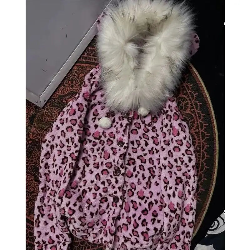 Y2k kawaii pink leopard print plush warm zipper sweatshirt high street Harajuku cute casual zipper hoodie