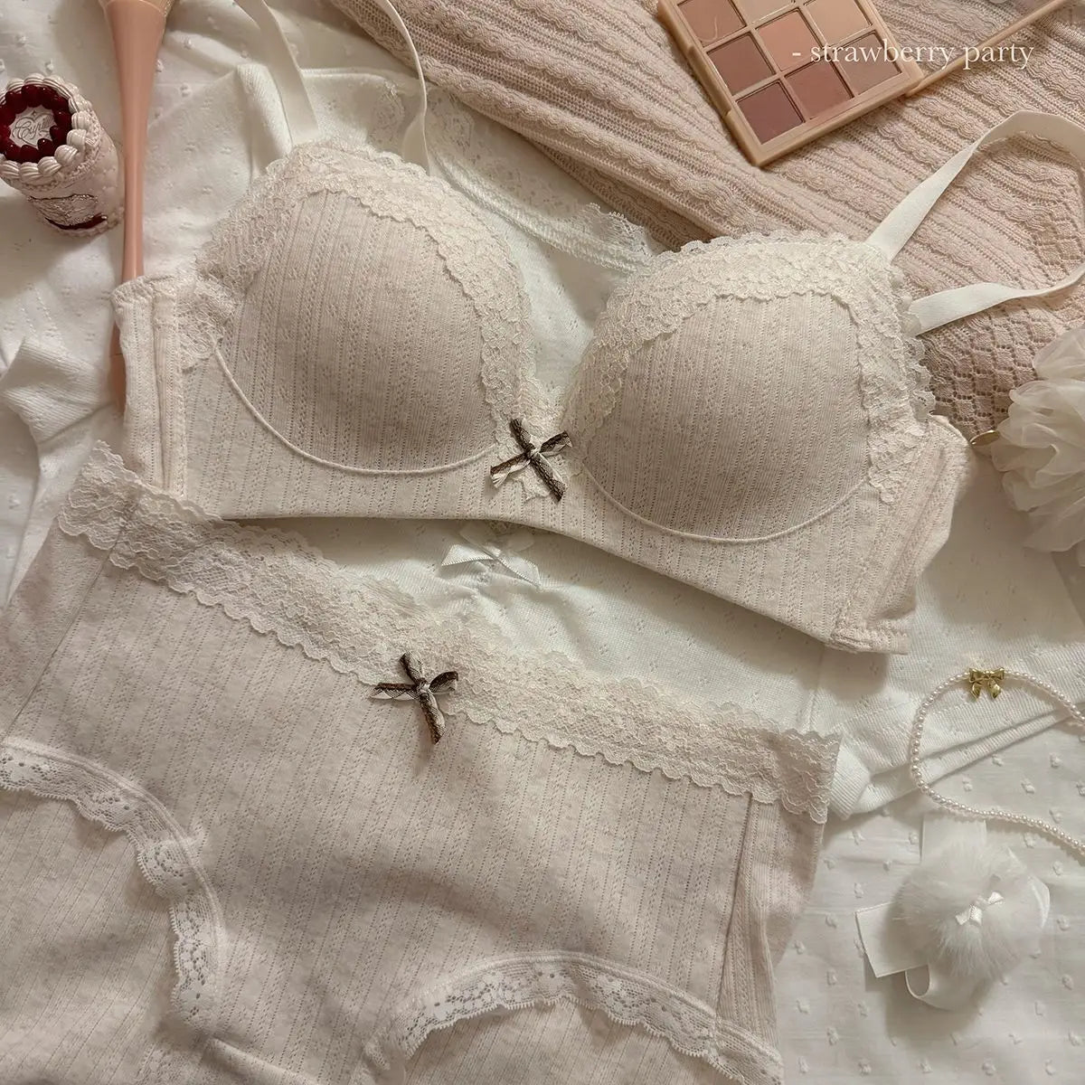 Teenage Lace Floral Bra Set Comfortable Non-steel Ring Beauty Back Small Breasts Gathered up Support Anti-Sagging Bra Set