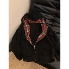 Grid Splicing Hooded Sweatshirt Loose Versatile Zipper Cardigan Jacket Long Sleeved Versatile Coat Top