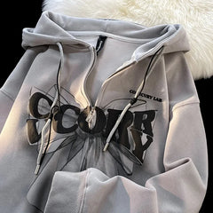 Slimming Effect Oversize Hoodie Loose Fit Printed Bubble Jacket Student Open Cardigan Outerwear Polyester Fiber