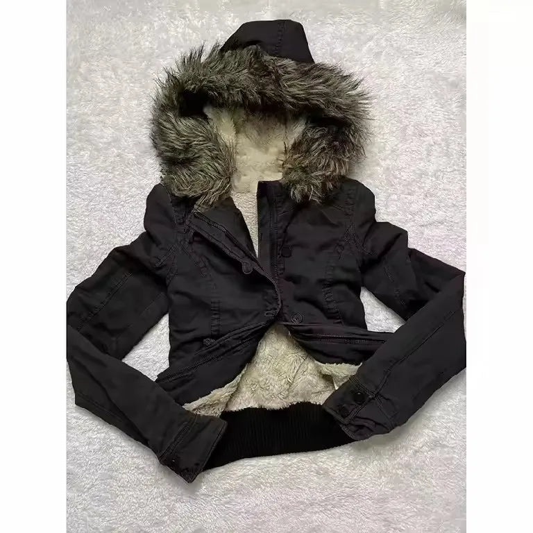 Y2K Hooded Jacket Short Bomber Coat Faux Fur Collar Warm Casual Streetwear Zipper Outerwear Ladies Clothes