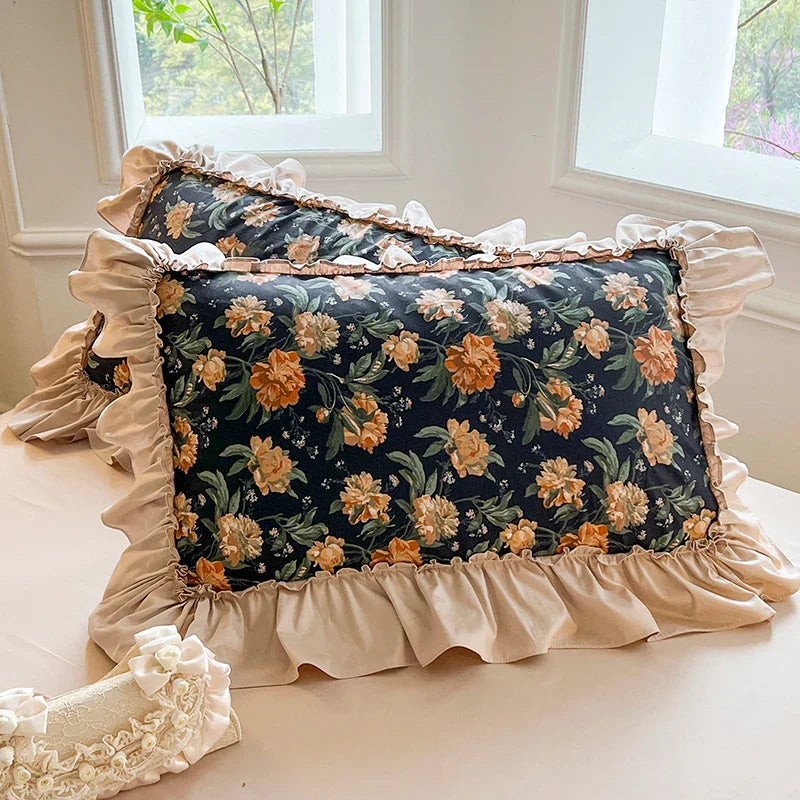 1 Piece Ins Romantic Pillowcase Princess Ruffle Pillow Cover Cotton Cloth Print Pillow Case Floral Design Cushion Covers