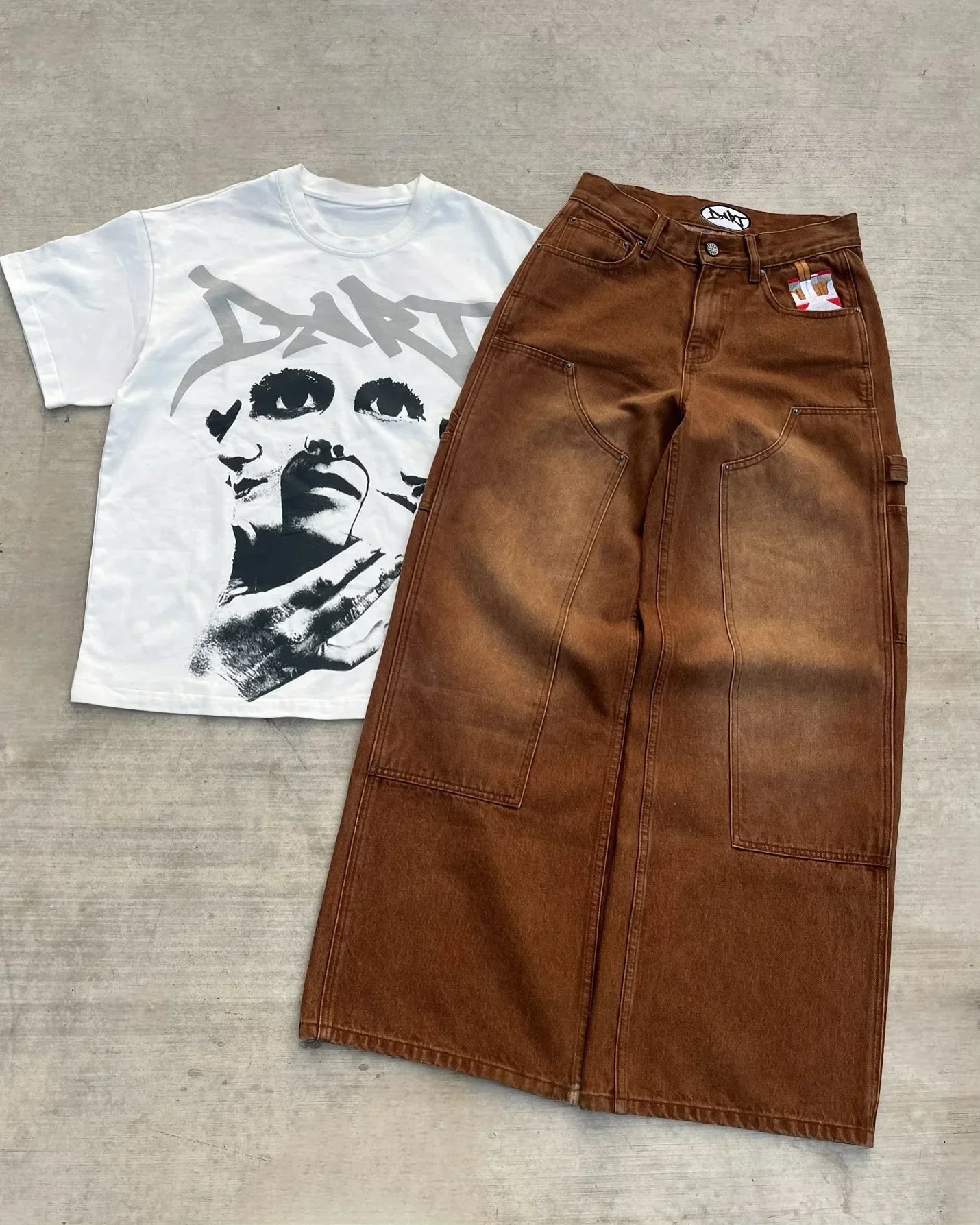 Streetwear Retro Jeans Y2k Gothic Pattern Embroidered Brown Loose Jeanss