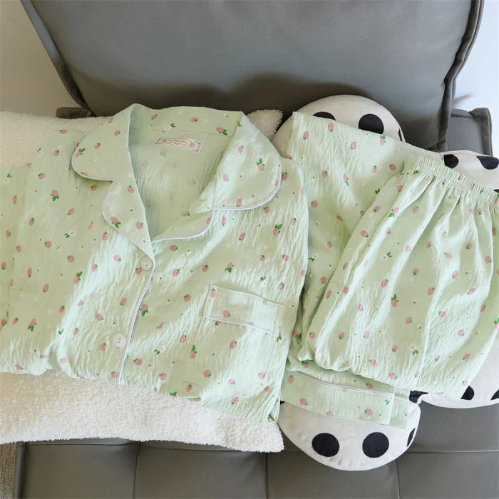 2 PCS Pajama Sleepwear Pajama Set Long Sleeved Pants Suit Peach Print Ventilate Soft Comfortable Home Leisure Home Clothes