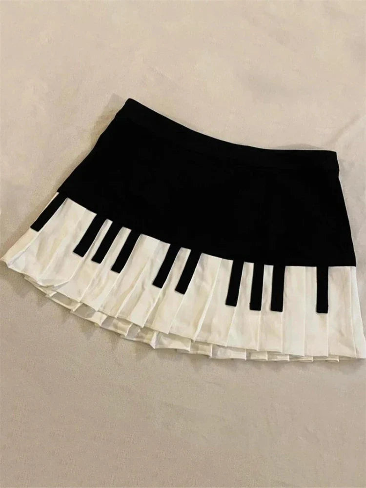 Kawaii Vintage Cute Plaid A-line Skirt Design Chic Elastic Waist Patchwork Skirt Pretty Loose Skirt Y2k