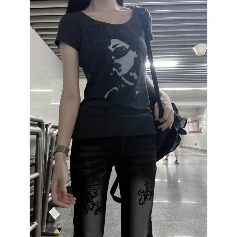 Low Waist Vintage Denim Jeans Printed Elastic Millennium Flared Pants Early Taste Design Classic Long Pants Cotton
