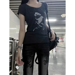 Low Waist Vintage Denim Jeans Printed Elastic Millennium Flared Pants Early Taste Design Classic Long Pants Cotton