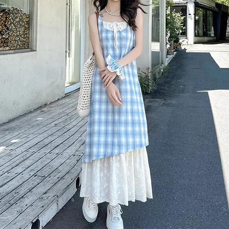 Plaid Fake Two Piece Suspender Dress Retro Loose Long Dress