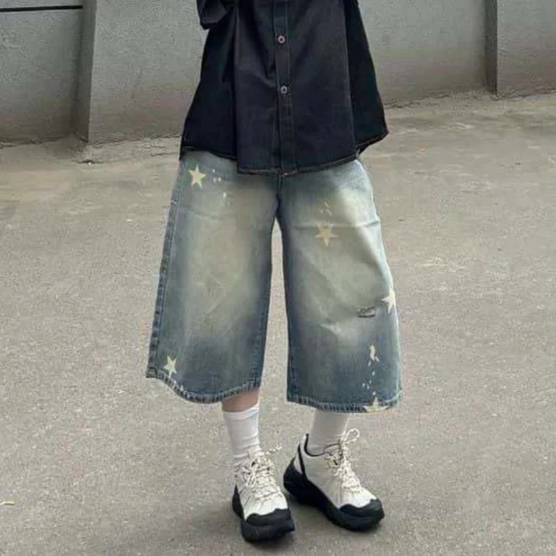 Retro Vintage Loose Wide Leg Jeans Star Print Y2K Harajuku Denim Shorts Casual Streetwear High Waist Washed Pants
