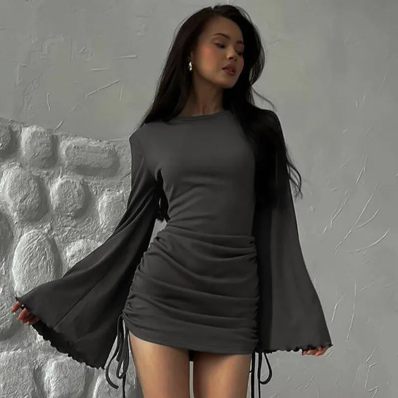 Mini Dress Flare Long Sleeve Drawstring Pleated Bodycon Casual Solid Streetwear Short Dresses