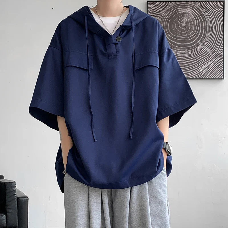 5 Colors Hooded T shirt Korean Half Sleeve Pullover Streetwear Loose T-shirt Tops Drawstring Clothing