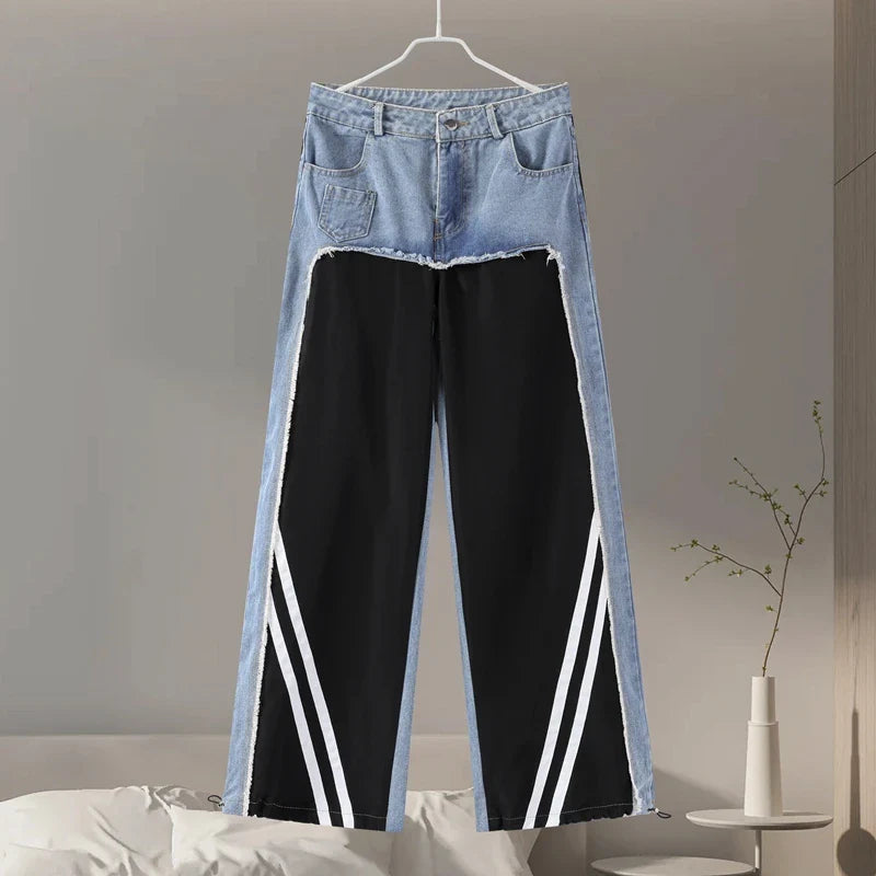 Denim Patchwork Trousers High Waist Contrast Color Striped Straight Sports Wide Leg Pants Street Lady Pants