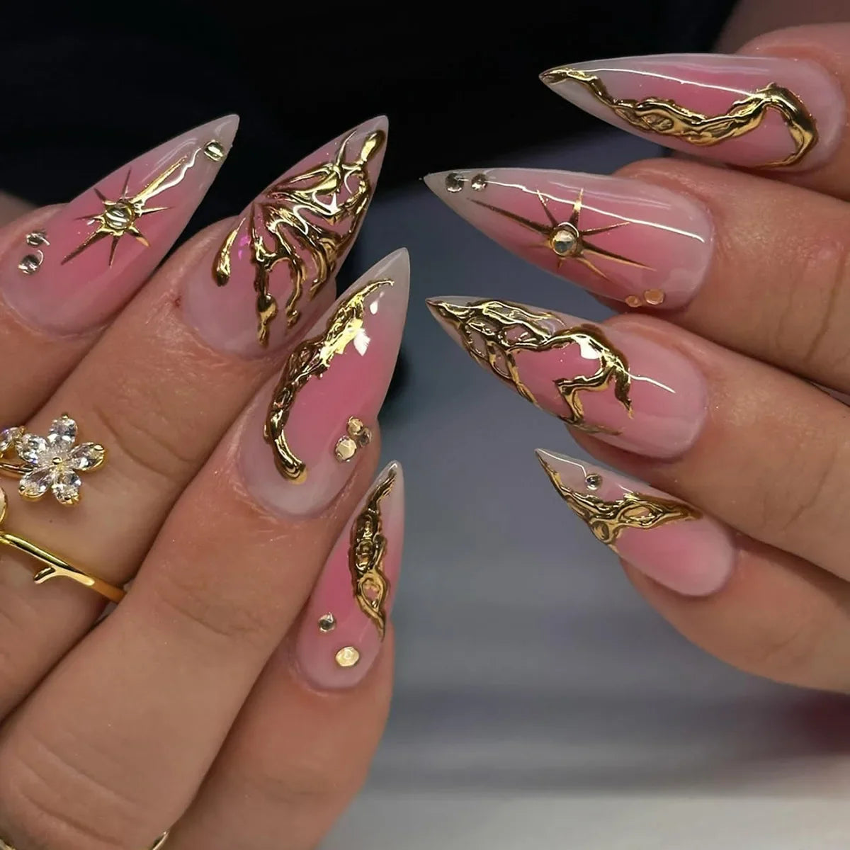 24pcs Golden Lines Patterns False Nails Dark Purple Blush French Fake Nails