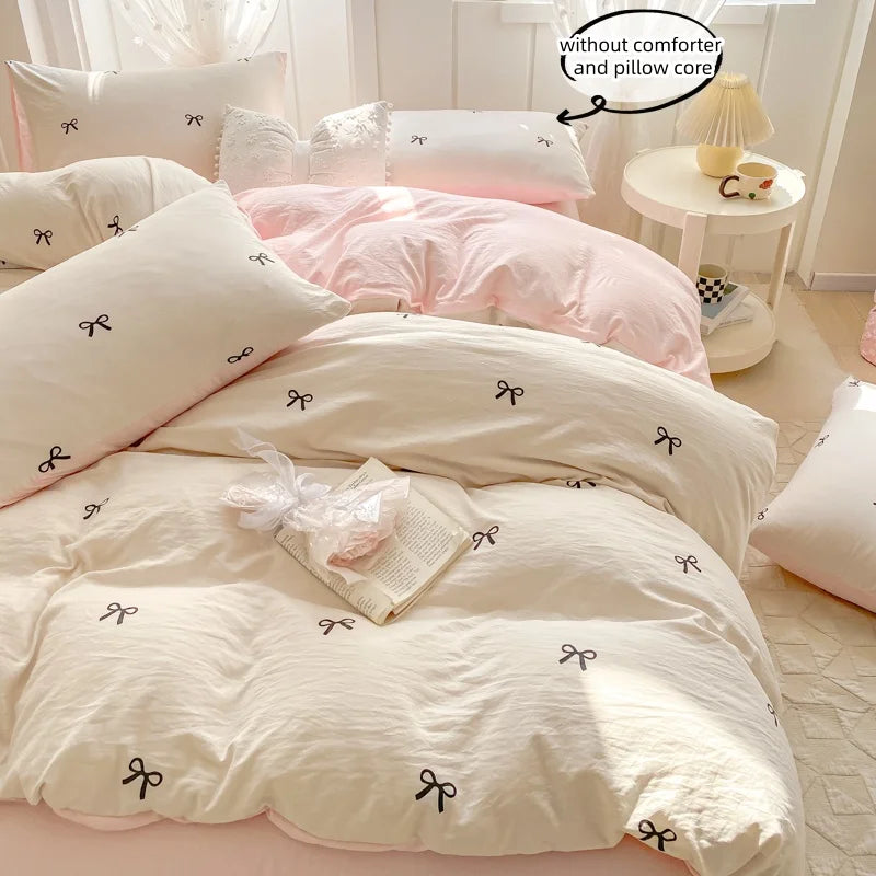 3 Piece Sheet Set pink bowknot embroidery duvet cover Set