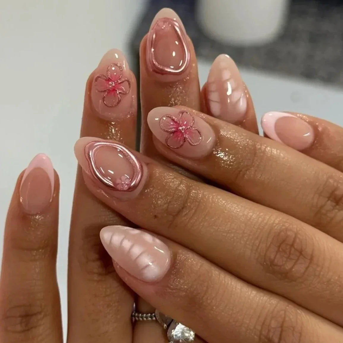Pink Yellow Halo Dyeing Flower Water Ripple False Nails Leopard Long Pointed Fake Nails Art Press on Nails Charm Manicure