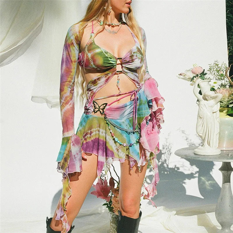 Y2k Ruffle Butterfly 2 Piece Outfit Fairy Backless Crop Top Wrap Mini Skirt Set Rave Festival Matching Set