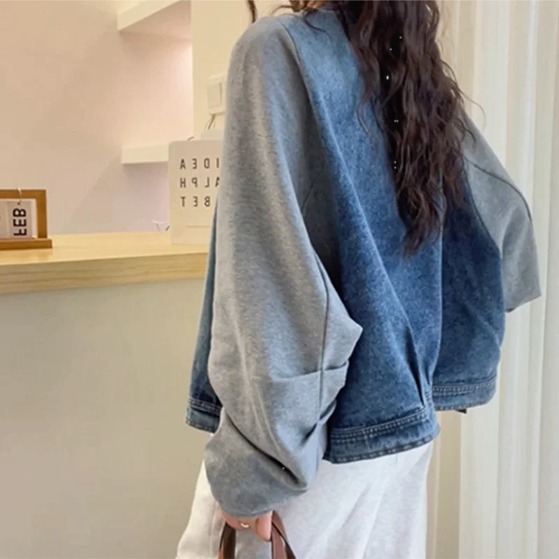 Harajuku Y2K Patchwork Denim Jacket O Neck Loose Casual Classic Coat Long Sleeve Single Breasted Rockabilly Baseball Jacke