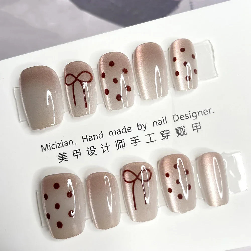 10Pcs Wearable Cat Eyes Series Short Square Press On Nails Kawaii Cartoon Cat Rabbit Rhinestone Gradients Full Cover False Nails