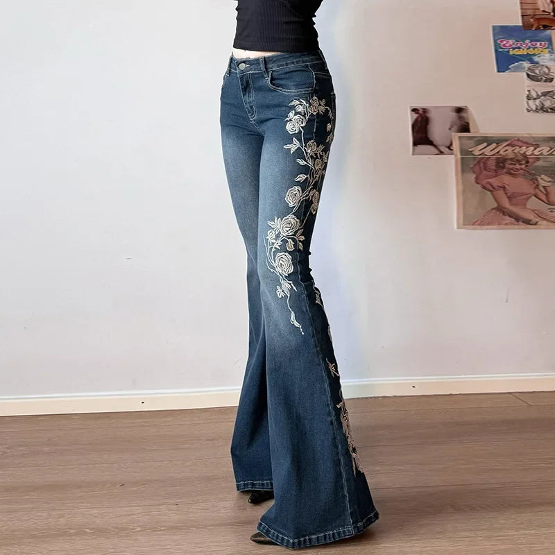 Retro Y2k Jeans Baggy Floral Embroidery Jeans Vintage 2000s Low Rise Flared Denim Pants High Street Basic Trousers