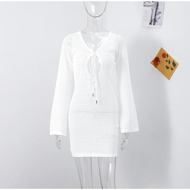 Knitted Short Dresses Hollow Out Full Sleeve See Through Lady Mini Dress Chic Elegant Beach Slim Robes