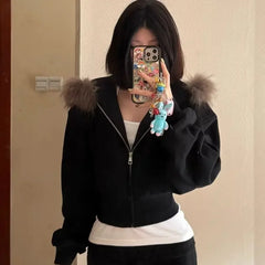 Black Fur Collar Zipper Sweatshirt Simple Furry Collar Zipper Hooded Sweatshirt Vintage Y2k Zipper Hooded Sweatshirt