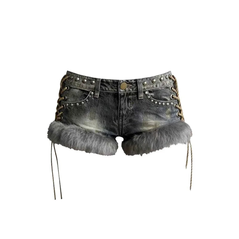 Y2k Spice Girl Washed Retro Fluff Splicing Rivet Denim Shorts Low Waist Wide Leg Pants