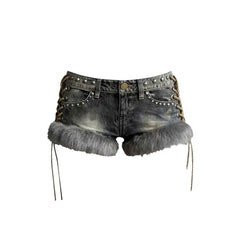 Y2k Spice Girl Washed Retro Fluff Splicing Rivet Denim Shorts Low Waist Wide Leg Pants