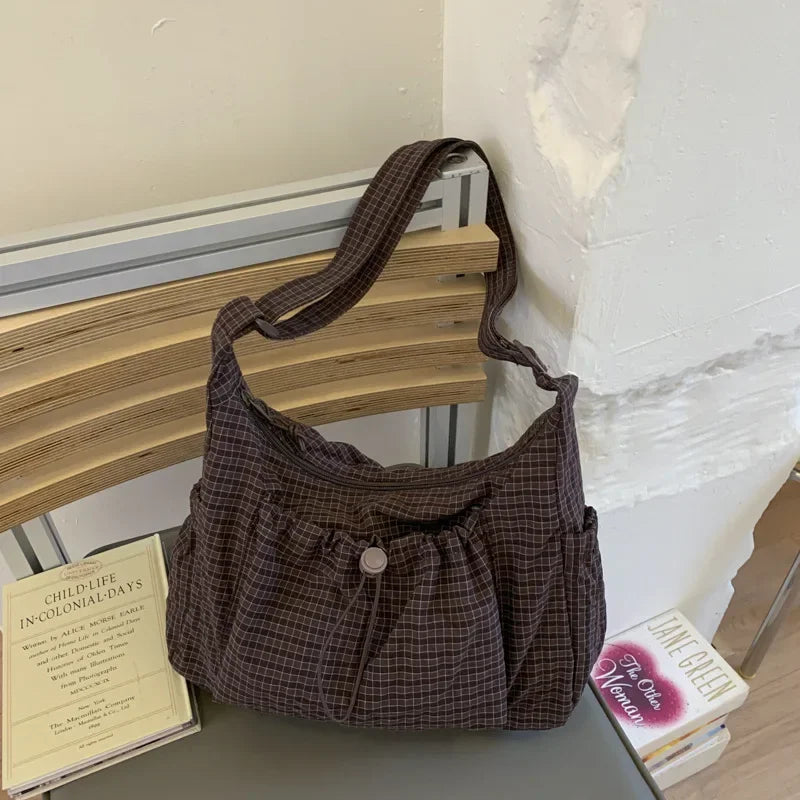 Korean Nylon Shoulder Bag Simple Plaid Zipper Tote Bag Drawstring Pleated Cloud Bag Commuter Crossbody Shoulder Bag