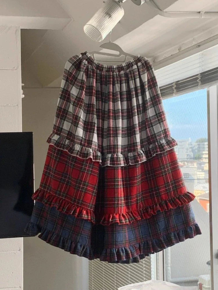 Kawaii Vintage Cute Plaid A-line Skirt Design Chic Elastic Waist Patchwork Skirt Pretty Loose Skirt Y2k