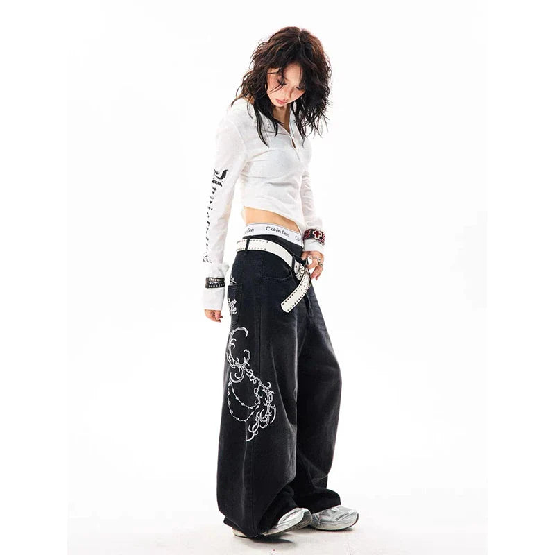 YIBASHU Vintage Embroidery Y2K Baggy Jeans High Waist 2000s Wide Leg Denim Pants American Retro Harajuku Trouser