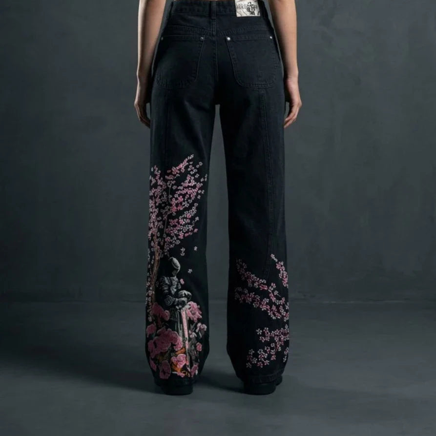 Hip Hop Cherry Blossom Embroidery Baggy Jeans Harajuku Wide Leg High Waisted Denim Pants Y2k Trend Jeans Clothing