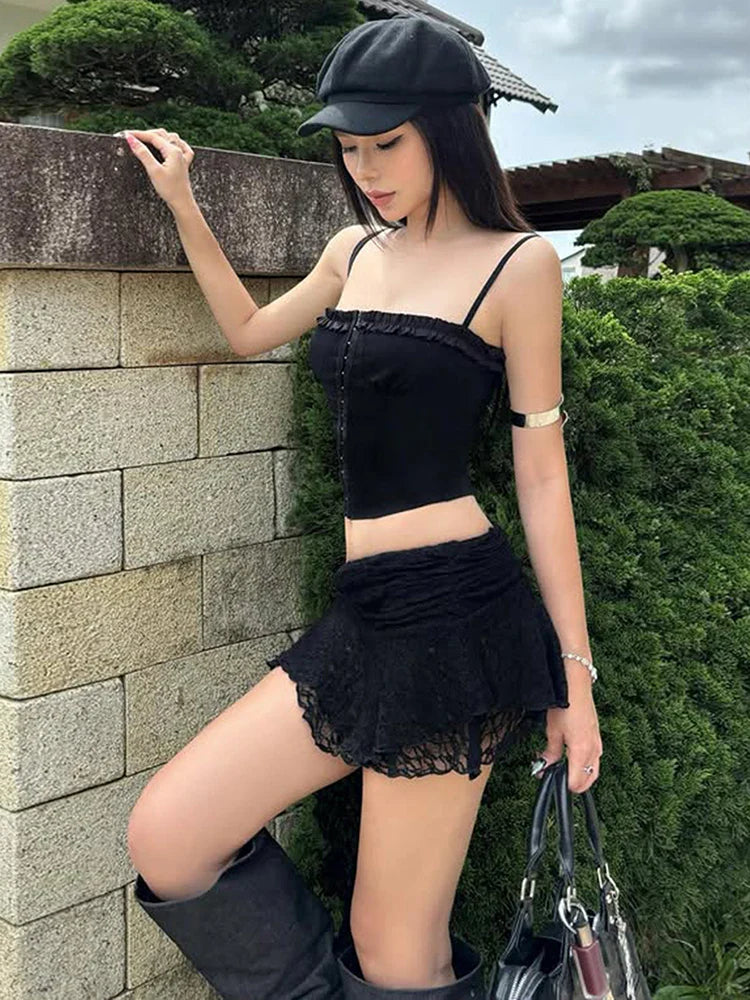 Weird Puss 2-Piece Set Zip Skinny Fungus Edge Camisole+Irregular Tassel Jacquard Skirts Matching Street Midnight Suit