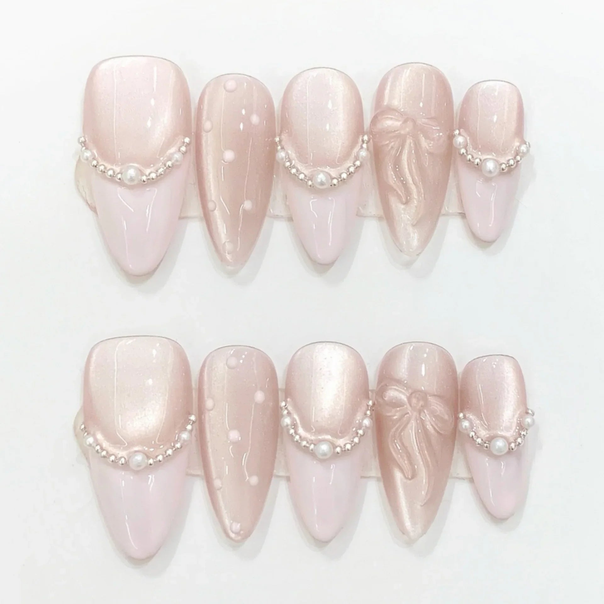 10pcs Purple Cat's Eye Handmade Fake Nails Tips Glitter Mid-length Oval Press on Nails Art Bow Rhinestone Design False Nail Sets