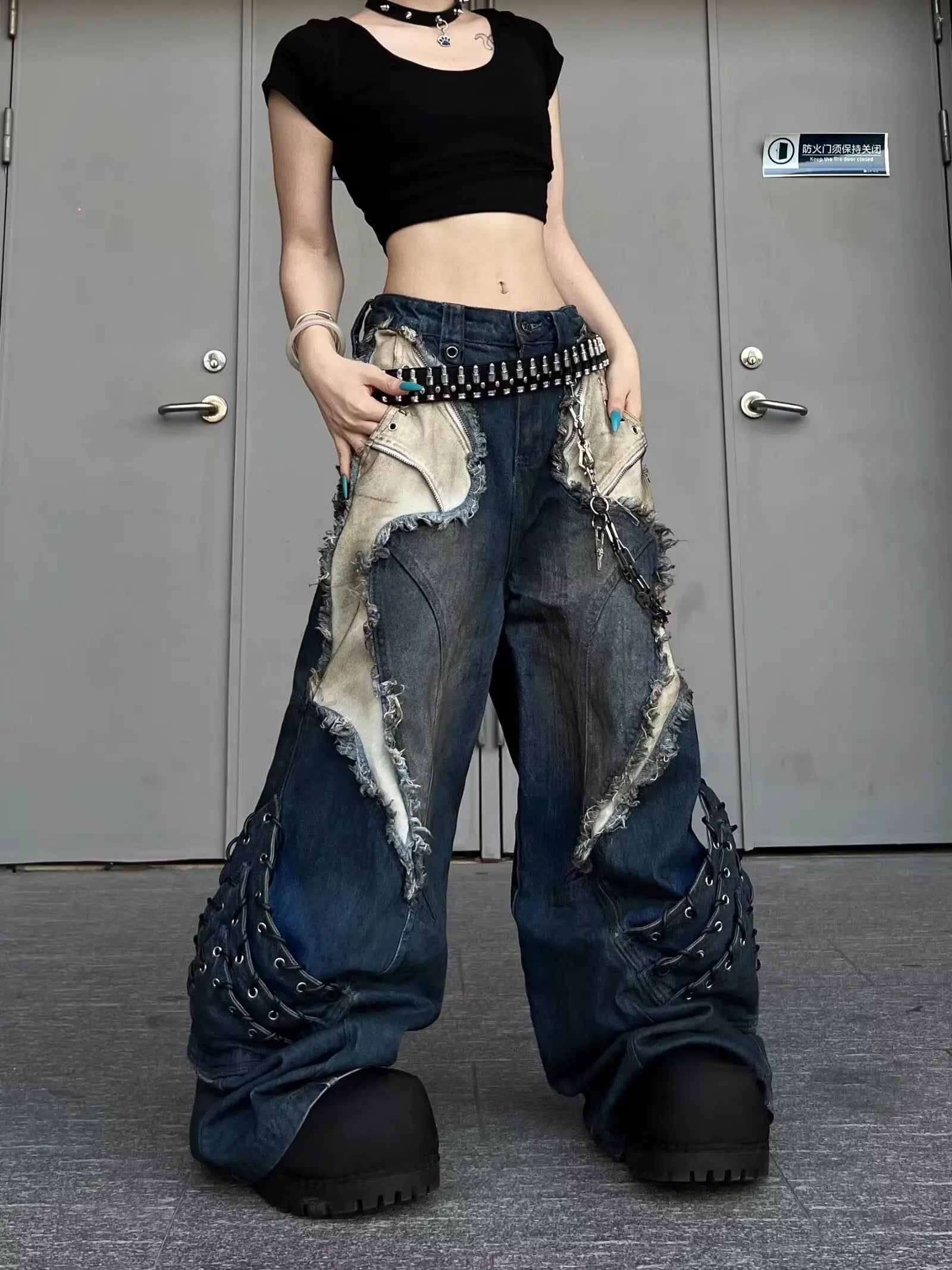 Vintage Patchwork Distressed Jeans Hip Hop Loose Wide Leg Cargo Pants Washed Distressed Denim Trousers